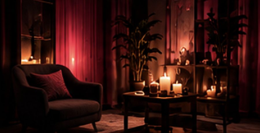 Sala de espera con sillón y velas