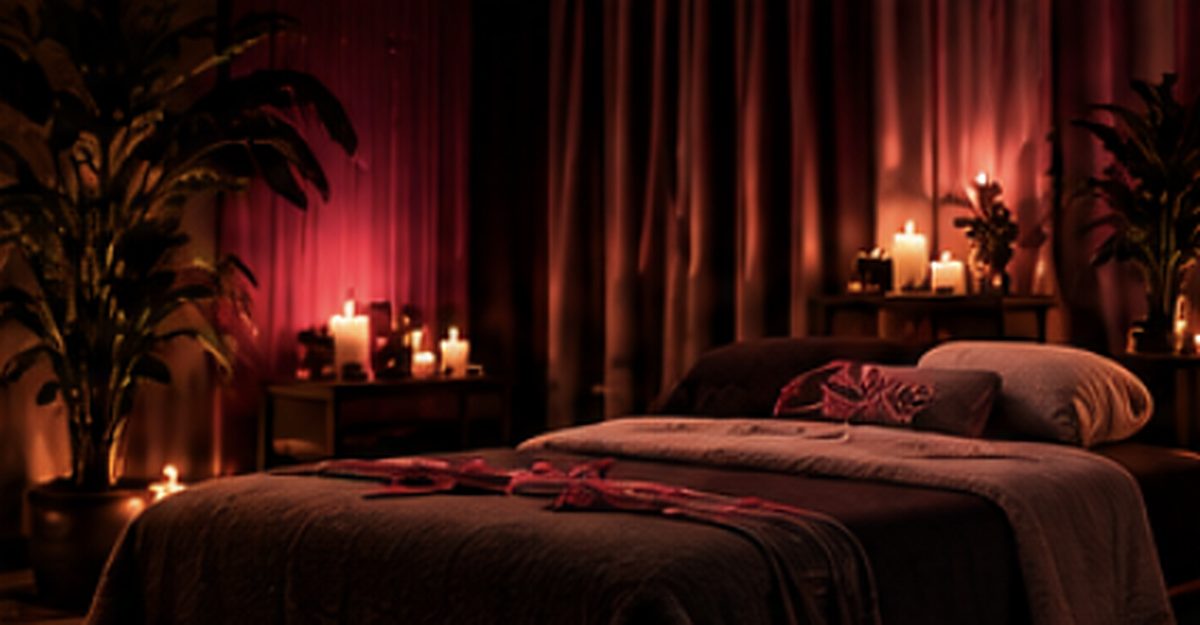 Cabina principal con cama de masaje y velas